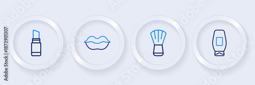 Set line Bottle of shampoo, Makeup brush, Smiling lips and Lipstick icon. Vector