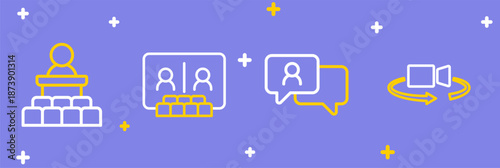 Set line 360 degree view, Speech bubble chat, Video conference and Speaker icon. Vector