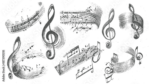 Collection of vintage musical notation scrolls and treble clefs presented in a detailed, textured style on a speckled background suggesting historical musical scores and artistic expression