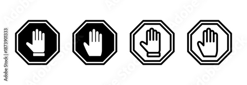Stop icon vector illustration. stop road sign. hand stop sign and symbol. Do not enter stop red sign with hand