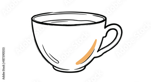 Simple hand-drawn sketch of a white coffee or tea cup with a small orange accent, perfect for cafe menus or break time concepts.