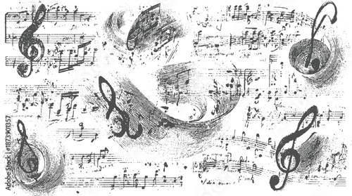 Abstract composition of vintage musical notation and treble clefs rendered in a detailed, textured style on a speckled background, creating a sense of dynamic musical flow and artistic depth