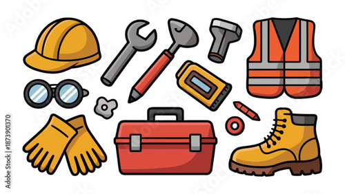 Industrial Toolkit: A compilation of essential equipment, meticulously arranged, representing the tools and gear pivotal to the world of industry, emphasizing safety and functionality.