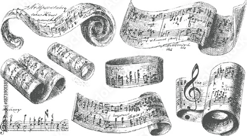 Assorted vintage musical notation scrolls and a treble clef presented in a detailed, textured style on a speckled background, highlighting historical musical and artistic rendering