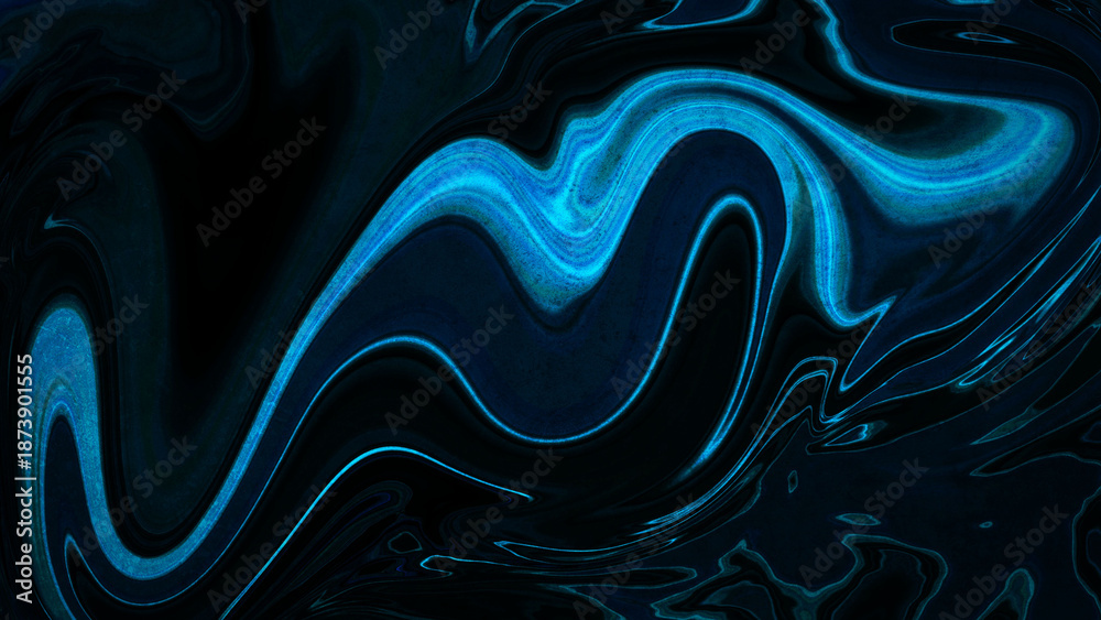 Obraz premium Abstract dark liquid marble background with glowing blue neon fluid waves and elegant flowing swirl texture for modern wallpaper