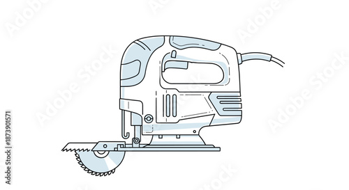 Technical line art illustration of an electric jigsaw power tool, used for intricate cuts in wood, metal, and other materials.
