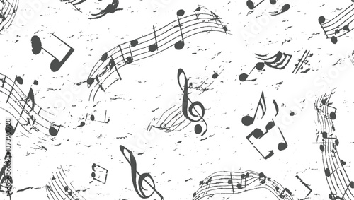 Seamless monochrome pattern of musical notes and staves with a textured surface, creating a vintage and artistic background for creative applications