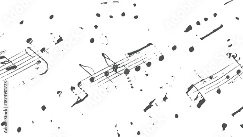 Abstract grunge musical notes and staves scattered across a white background creating a textured artistic pattern