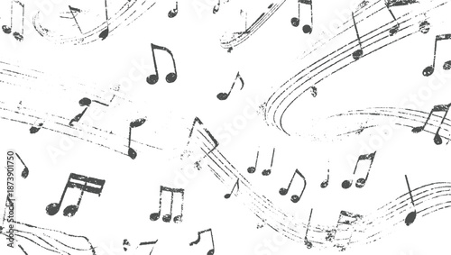 Scattered grunge musical notes and fragmented staves on a white background creating a distressed artistic pattern