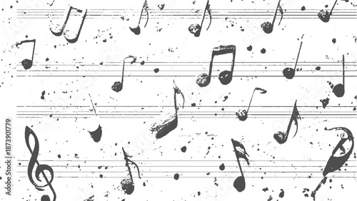 Dense arrangement of grunge musical notes and staves with ink splatters creating a textured artistic background