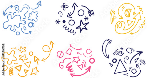 Whimsical compilation of colorful hand-drawn doodles featuring abstract shapes arrows and stars ideal for creative works