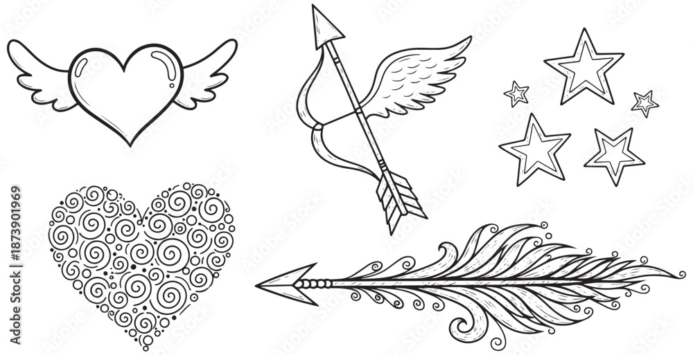Fototapeta premium Beautiful line art illustrations featuring winged hearts Cupid's arrows and charming stars for creative projects