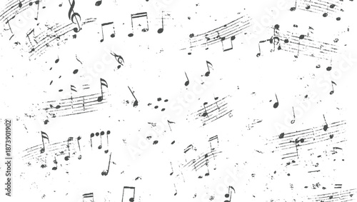 Scattered vintage musical notes and staves with a grunge texture overlay creating an abstract artistic background