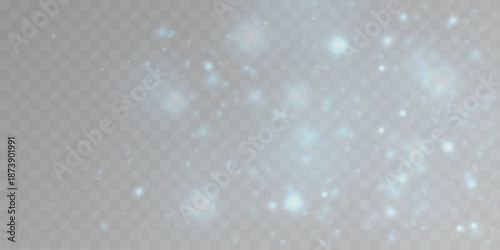 Deep blue dust sparkles with glitter, sparks, shimmer across glowing bokeh blur. Twinkling particles, luminous highlights, flare create festive Christmas and New Year magic. PNG vector illustration.