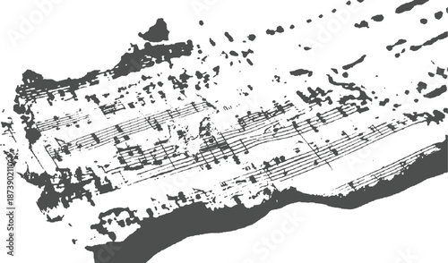 Textured abstract featuring weathered musical notes and staves in a monochrome palette suggesting a faded historical composition