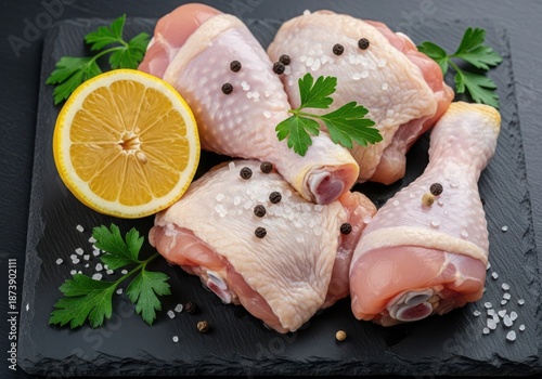 Raw chicken drumsticks and thighs seasoned with salt and pepper, garnished with parsley and lemon
