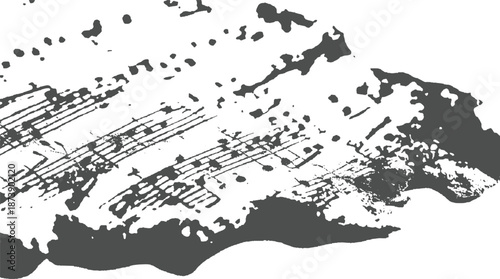 Abstract monochrome displaying fragmented musical notation with a rough, textured surface suggesting a decaying artistic legacy