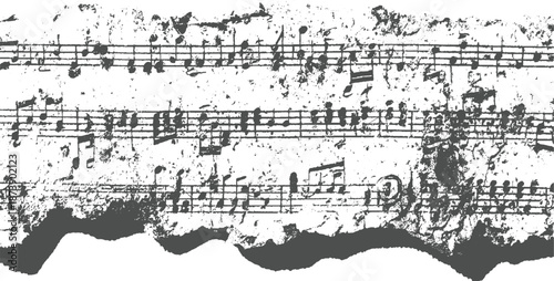 Textured background of a torn and weathered musical score with dense handwritten notes and scattered ink marks, conveying a sense of artistic decay
