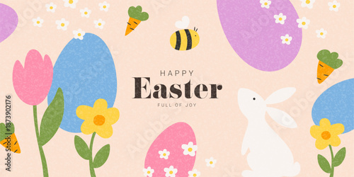Creative Happy Easter background. Happy Easter vector banner with bunny, eggs, spring flowers, cute bee. Holiday card for design of party, celebration, ads, branding, cover, card, sale, event.