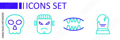 Set line Tombstone with RIP written, Vampire teeth, Frankenstein face and Skull icon. Vector
