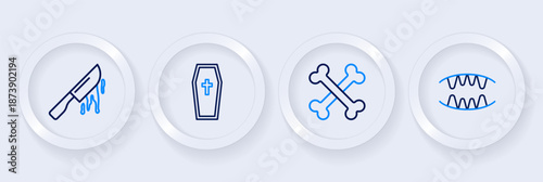 Set line Vampire teeth, Crossed bones, Coffin with christian cross and Bloody knife icon. Vector