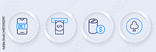 Set line Playing card with clubs symbol, Casino chip dollar, Automated teller machine and money and Online sports betting icon. Vector