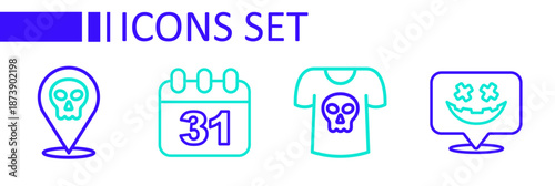 Set line Happy Halloween holiday, Shirt with skull, date 31 october and Skull icon. Vector