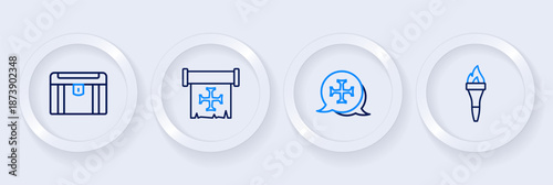 Set line Torch flame, Crusade, and Antique treasure chest icon. Vector