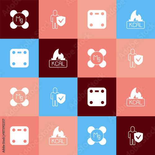 Set pop art Magnesium, Healthy lifestyle, Bathroom scales and Kcal icon. Vector