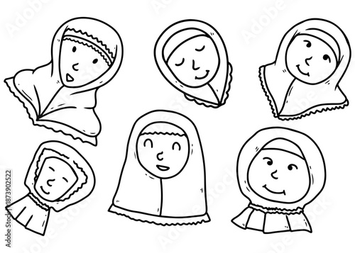 Simple line art illustration of six cartoon women wearing hijabs, suitable for coloring pages or religious education materials.