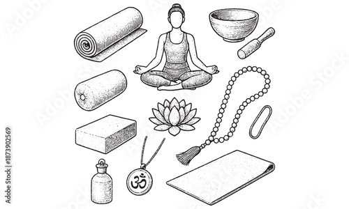 Yoga Meditation Accessories Icons Set - Mat Lotus Mala Essential Oil Vector