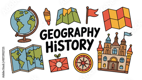 Geography and History Icons: A collection of educational icons representing geography and history concepts, including maps, globes, a compass, flags, and a castle.