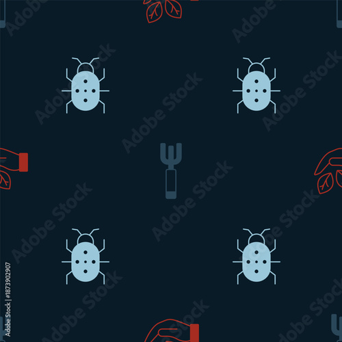 Set Leaf in hand, Garden pitchfork and Colorado beetle on seamless pattern. Vector