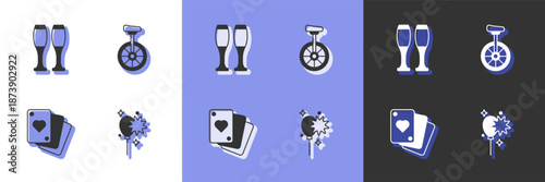 Set Balloons with ribbon, Bowling pin, Playing cards and Unicycle icon. Vector