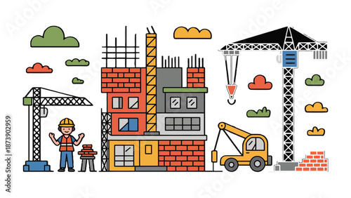 Construction progress: A meticulously designed illustration showcases a vibrant construction site bustling with activity.