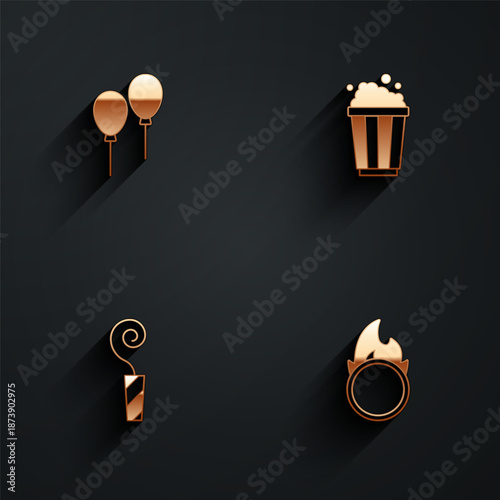 Set Balloons with ribbon, Popcorn in cardboard box, Birthday party horn and Circus fire hoop icon with long shadow. Vector