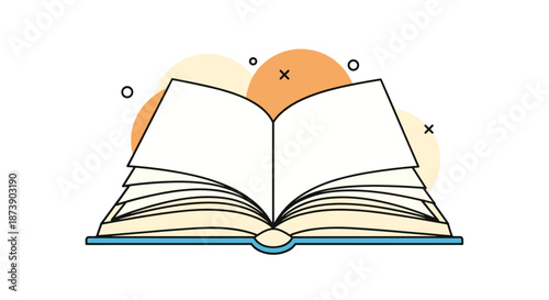 Modern illustration of an open book with blank pages against a background of abstract colorful shapes, symbolizing education and learning.