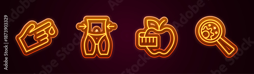 Set line Finger blood, Women waist, Apple and measuring tape and GMO. Glowing neon icon. Vector