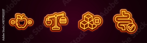 Set line Calorie calculator, No sugar free and Intestines. Glowing neon icon. Vector