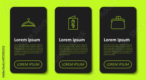 Set line Hanger wardrobe, Greeting card with 8 March and Handbag. Business infographic template. Vector