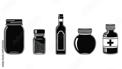 Collection of various glass bottles and jars in a black silhouette