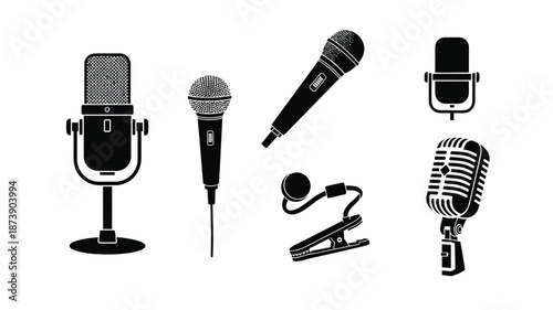 Collection of vintage and modern microphone designs in black silhouette