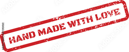 A distressed red rubber stamp featuring the words Hand Made With Love signifying artisanal quality