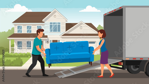 Couple carrying sofa onto moving truck ramp for relocation into new home