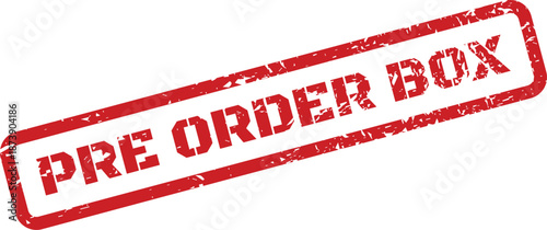 A distressed red rubber stamp impression showing the words pre order box, for online sales campaigns