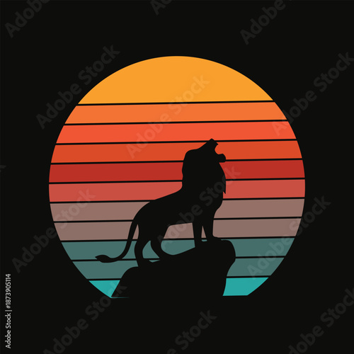 Roaring lion silhouette on a rock at sunset vector