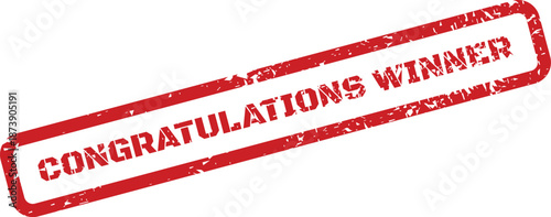 A textured red rubber stamp with the message CONGRATULATIONS WINNER angled across a digital canvas