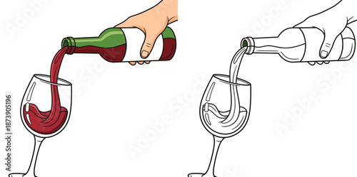 Hand pouring red wine from green bottle into glass. Vector illustration set containing colored cartoon style and black and white outline sketch for coloring book page. Isolated on white background.