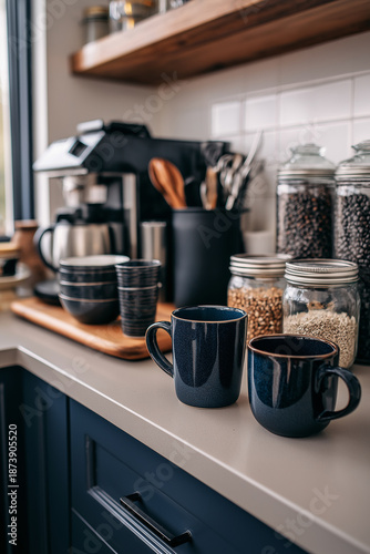 Warm coffee mugs sit in a stylish navy blue kitchen corner filled with shelves and jars Generative AI