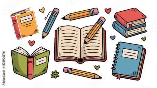 Literary Essentials: A delightful illustration showcases an array of school supplies including books, pencils, and notebooks, ideal for academic or literary content.